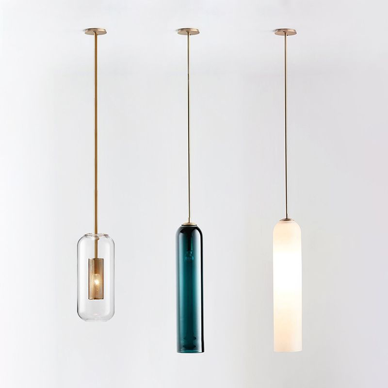 Modern Concise Cylindrical Pendant Light Wrought Iron Single Hanging Lamp with Glass Shade