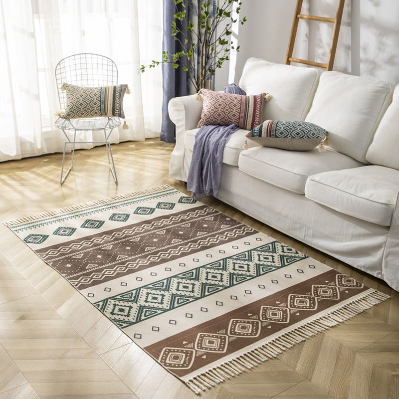 Mehrfarbiger, minimalistischer Teppich, Baumwolle, Tribal-Druck, Innenteppich, Fransenteppich für Wohnzimmer
