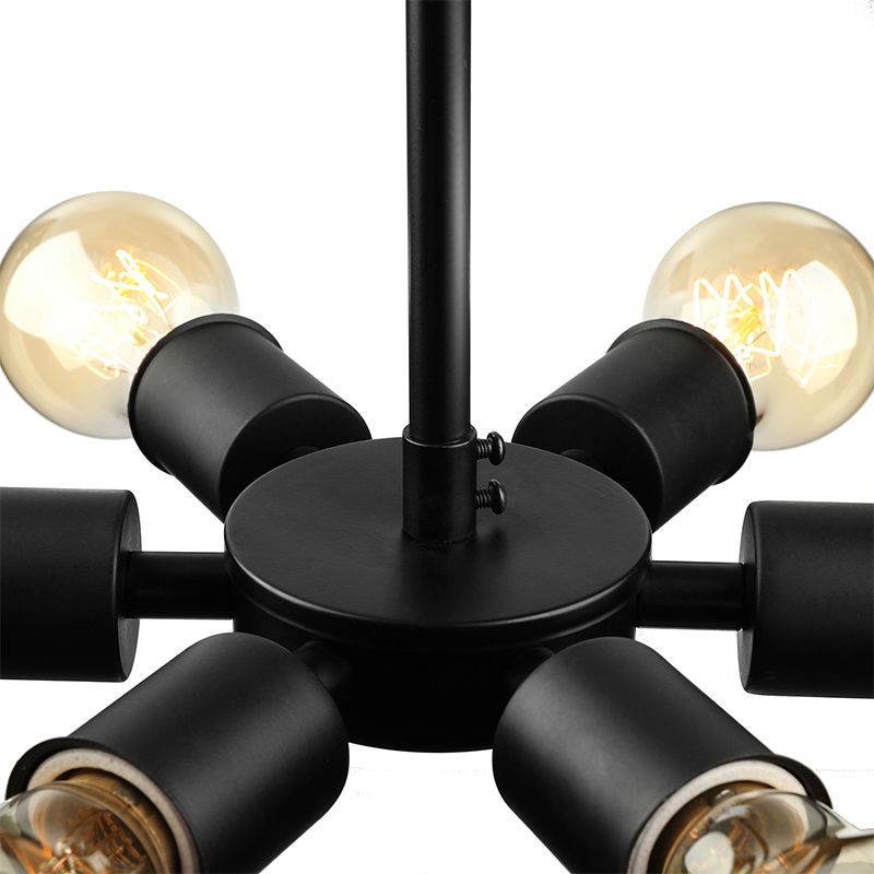 Industrial Exposed Pendant Light 6 Bulbs Metallic Adjustable Chandelier Lighting in Black for Study Room