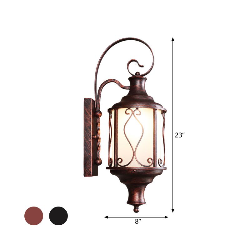 Opal Glass Lantern Wall Mounted Light Traditional 1-Light Patio Wall Lighting Ideas in Black/Rust