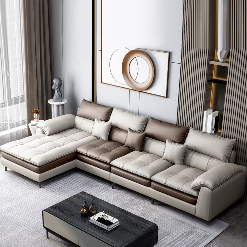Brown Pillow Top Arm Sofa & Chaise Sewn Pillow Back Sofa - 35.43" H