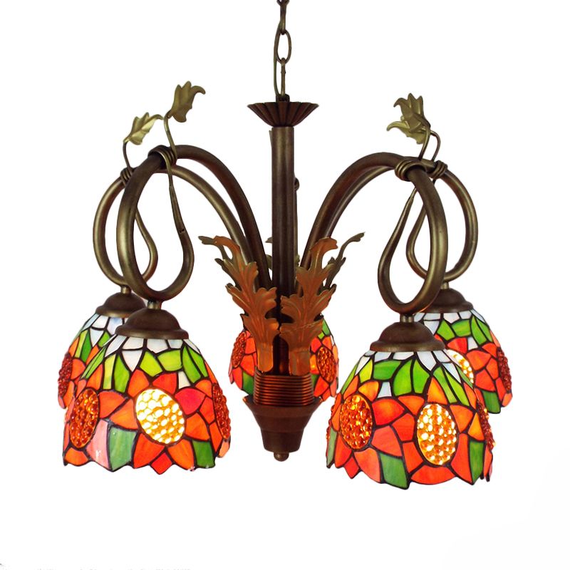 Orange Glass Sunflower Pendant Light with Metal Chain Adjustable 5 Lights Rustic Chandelier Light