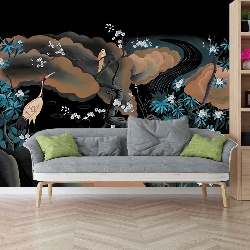 Asia Red-Crown Crane Mural for Accent Wall Personalized Wall Covering in Black-Green