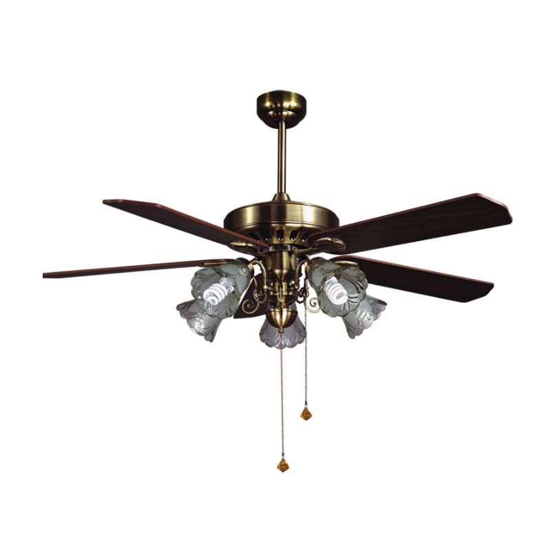 4-blade retro bloemige schaduw plafondventilator licht 5 bollen 52 "w rookgrijs glas semi-montage verlichting met trekketting