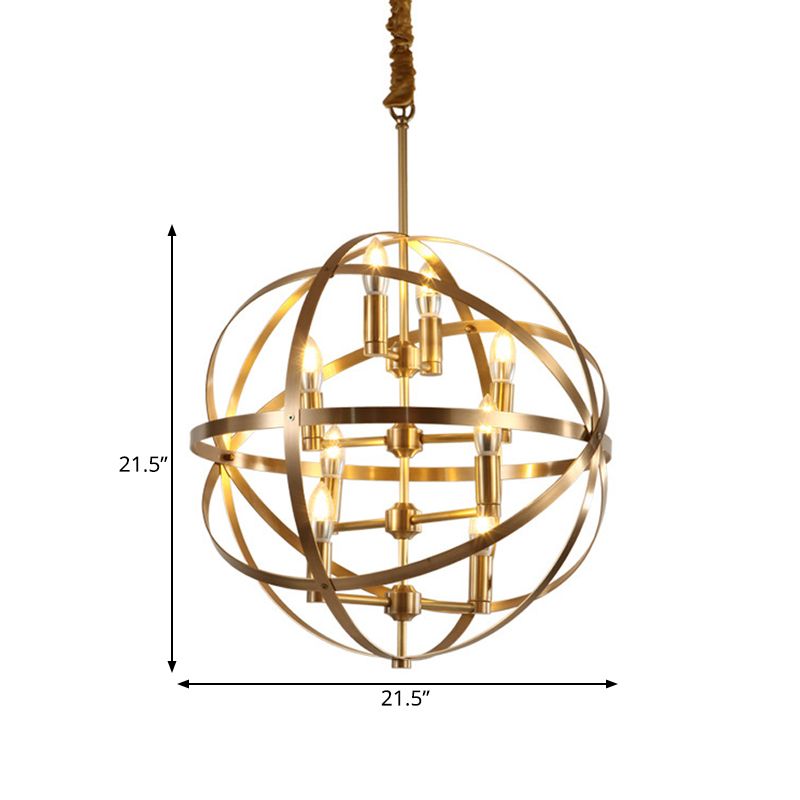 8 Bulbs Chandelier Lamp Traditional Candelabra Metallic Hanging Ceiling Light in Gold with Globe Wire Cage