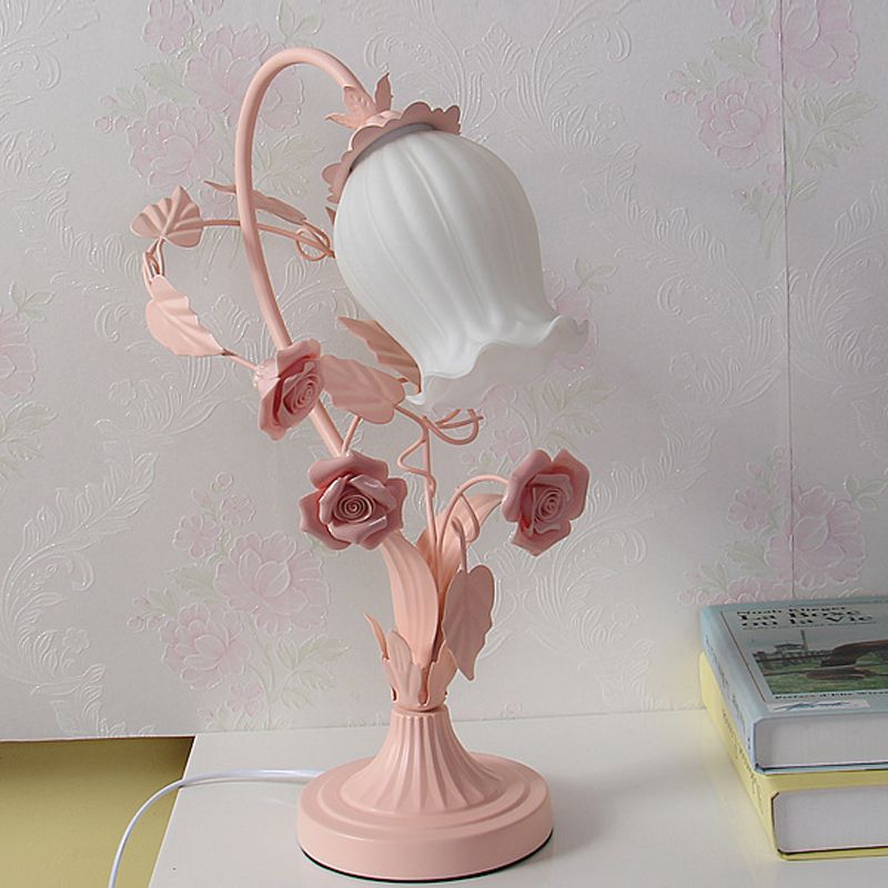 Scalloped Opal Glass Table Light Romantic Pastoral 1 Head Bedroom Night Lamp with Rose in Pink/Blue/White