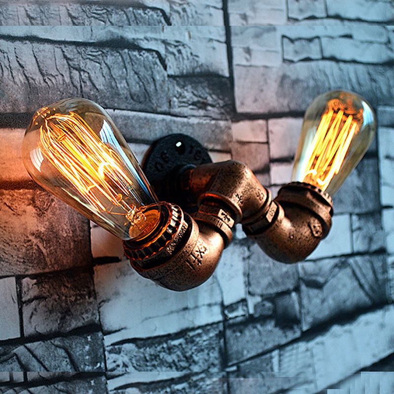Copper Finish 2 Bulbs Wall Mount Light Rustic Stylish Metal Water Pipe Wall Sconce for Living Room