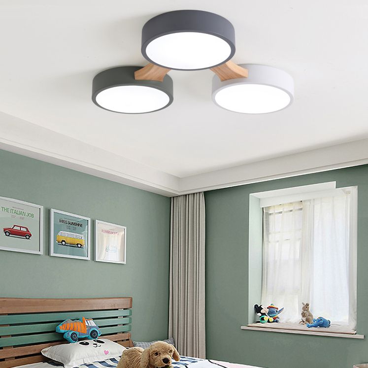 Plafonnier LED Macaron en bois de style créatif moderne, plafonnier circulaire en fer forgé avec abat-jour en acrylique
