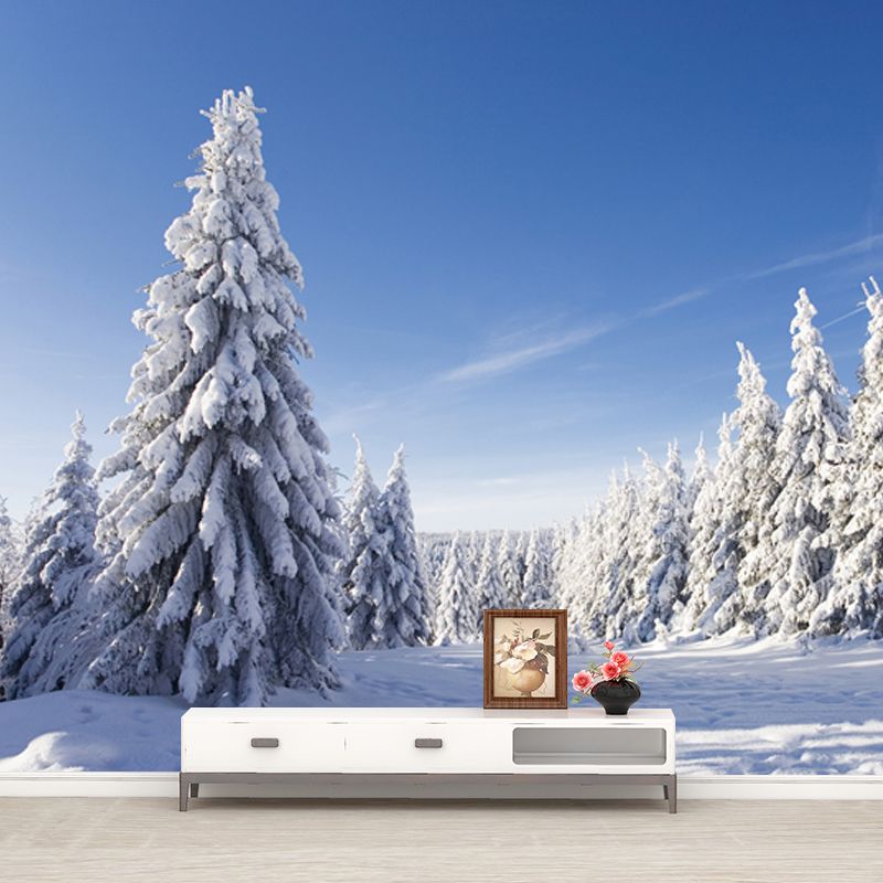Contemporary Winter Cypress Mural Blue Snowy Scenery Wall Covering for Accent Wall