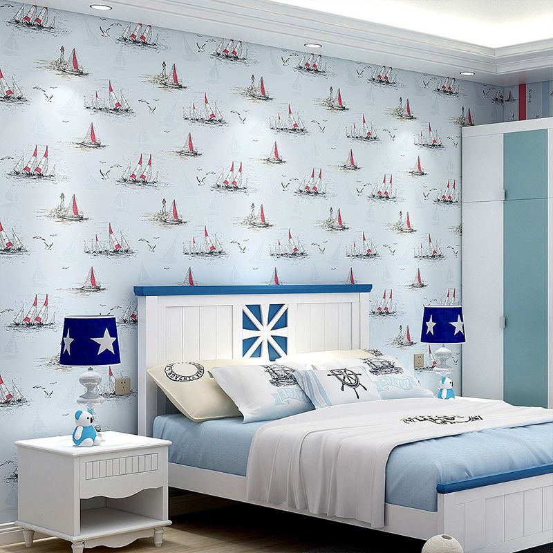 Sailing Ship Nautical Wallpaper Novelty Smooth Texture Wall Covering for Kids Bedroom