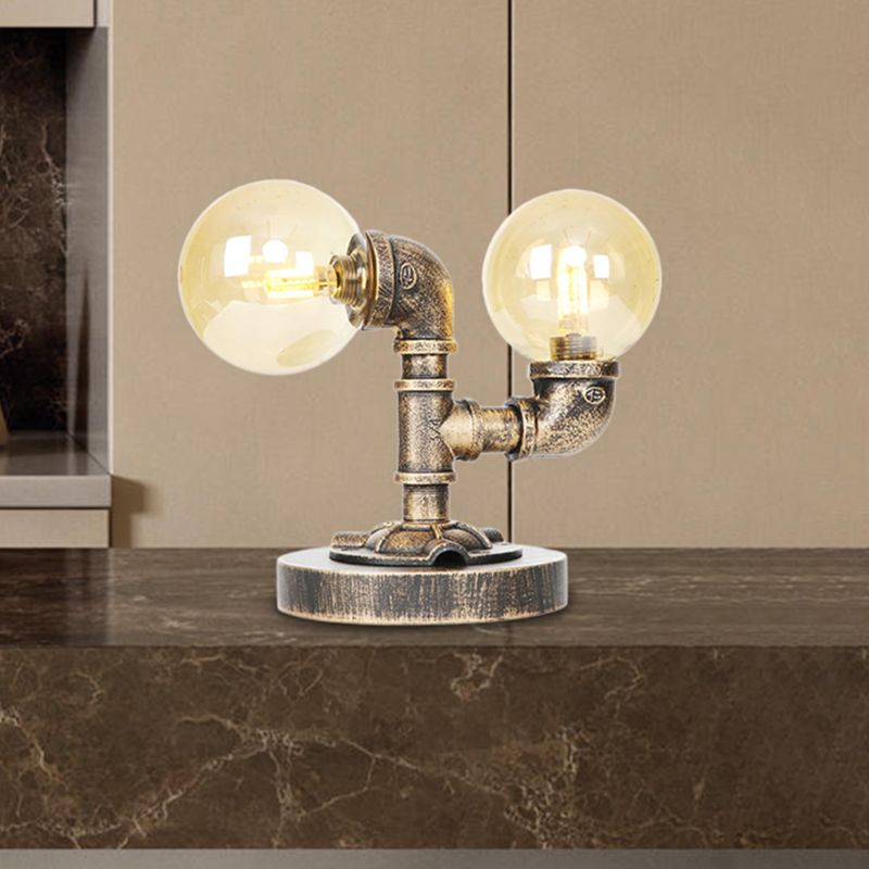 Tarea de sombra redonda de vidrio transparente/ámbar iluminación vintage estilo 2 luces lámpara de escritorio de cafetería en plata antigua/bronce