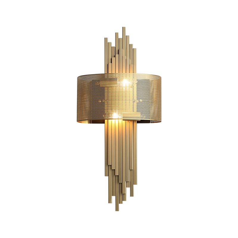 Linear Metal Sconce Lamp Post Modern 2-Head Gold Finish Wall Lamp Fixture with Drum Mesh Shade