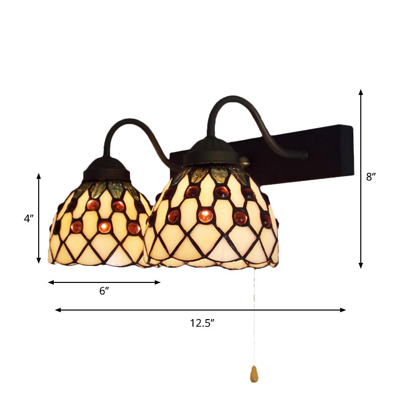 Beige Glass Black Wall Mounted Light Dome 2 Heads Tiffany Sconce Lighting with Pull Chain