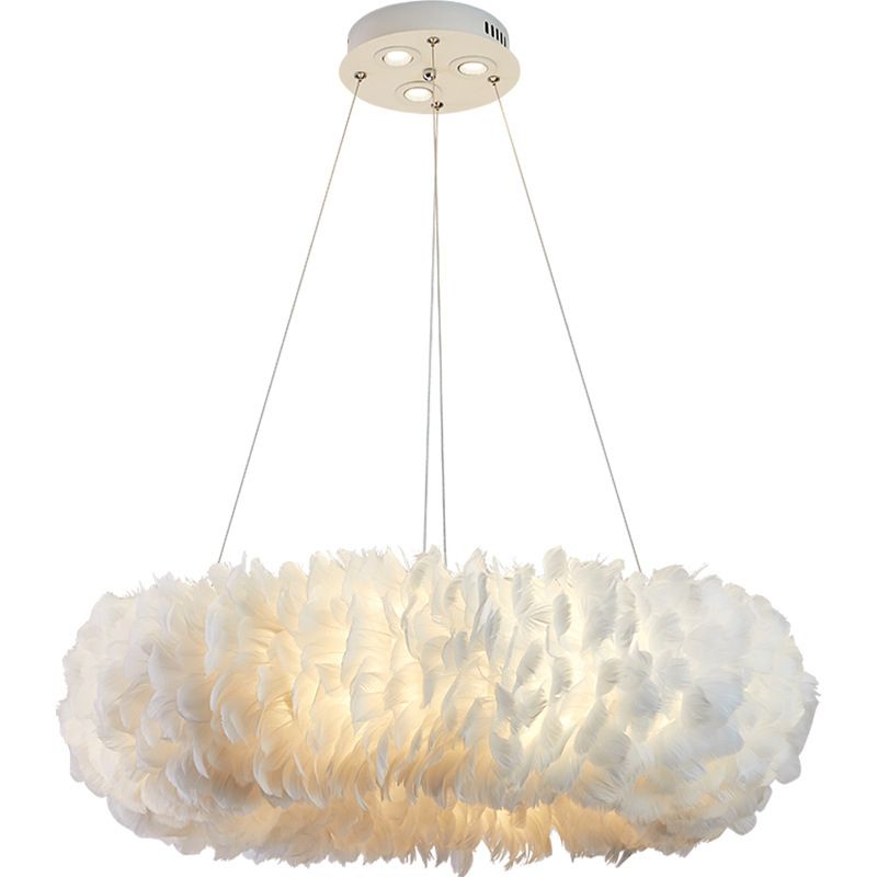 Art Deco White Feather Drop Pendant Modern Creative Round Hanging Ceiling Light for Bedroom