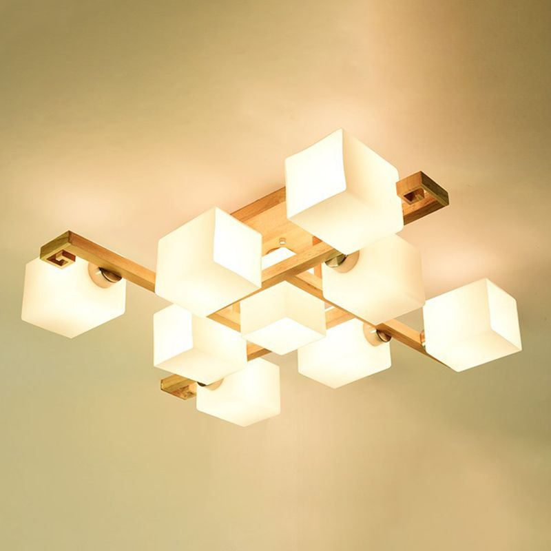 Modern Creative Indoor Semi Flush Mount Wooden Sputnik Ceiling Light with White Glass Shade