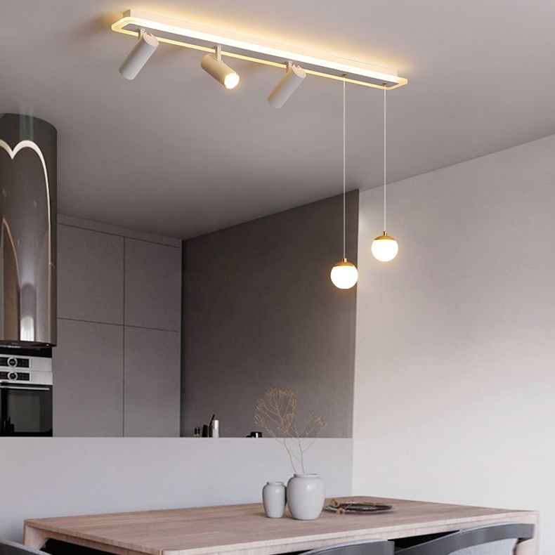 White Simplicity Long Strip LED Island Light Orb Mini Pendant Light + Spotlight Design Dining Room Creative Lighting Fixture