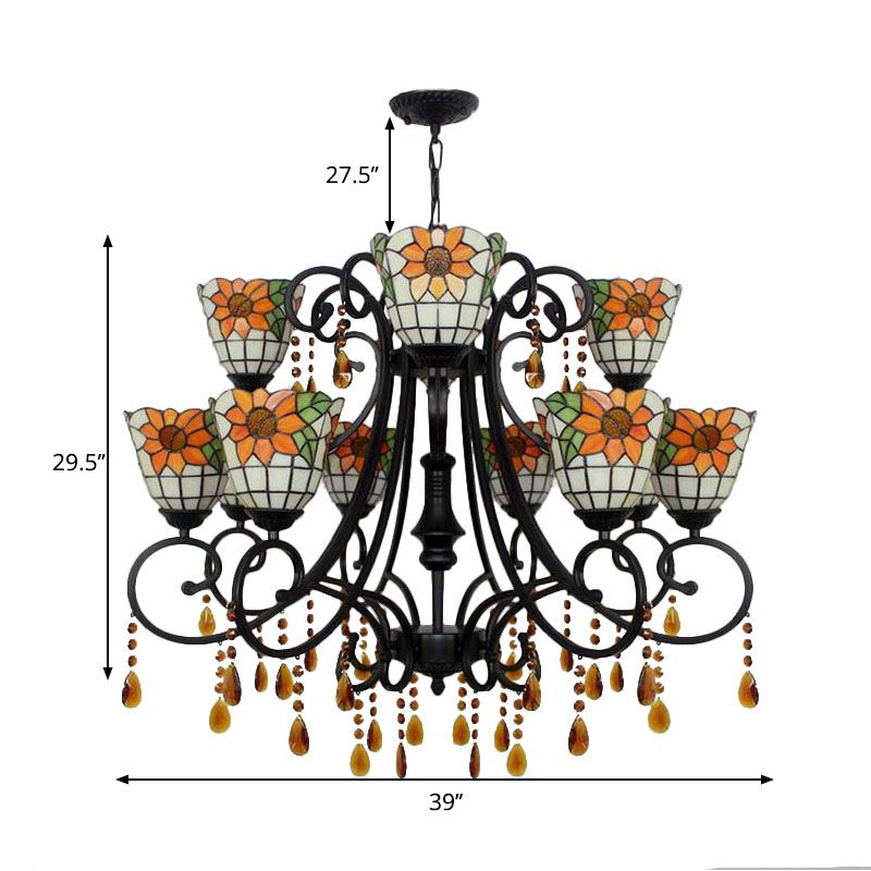 Lodge Bowl Chandelier Stained Glass 11 Lights Decorative Inverted Chandelier with Crystal in Orange