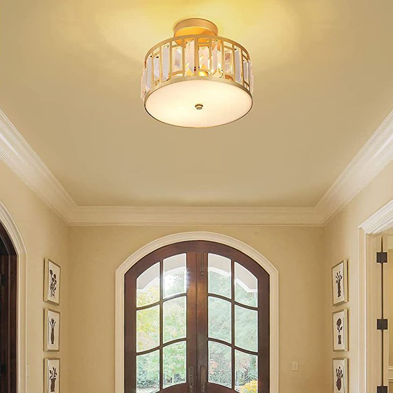 Crystal Semi Flush Contemporary 2 - Light Drum Ceiling Semi Flush in Gold