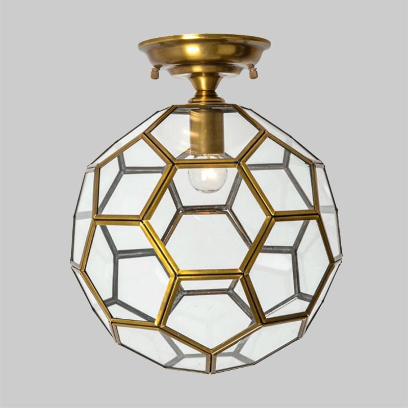 1 Hoofd Flushmount Plafond Lamp Traditionele Gefacetteerde Bol Helder/Crème/Getextureerde Wit Glas Semi-flush Mount Light in Brass, 8 "/12" /16 " Wide