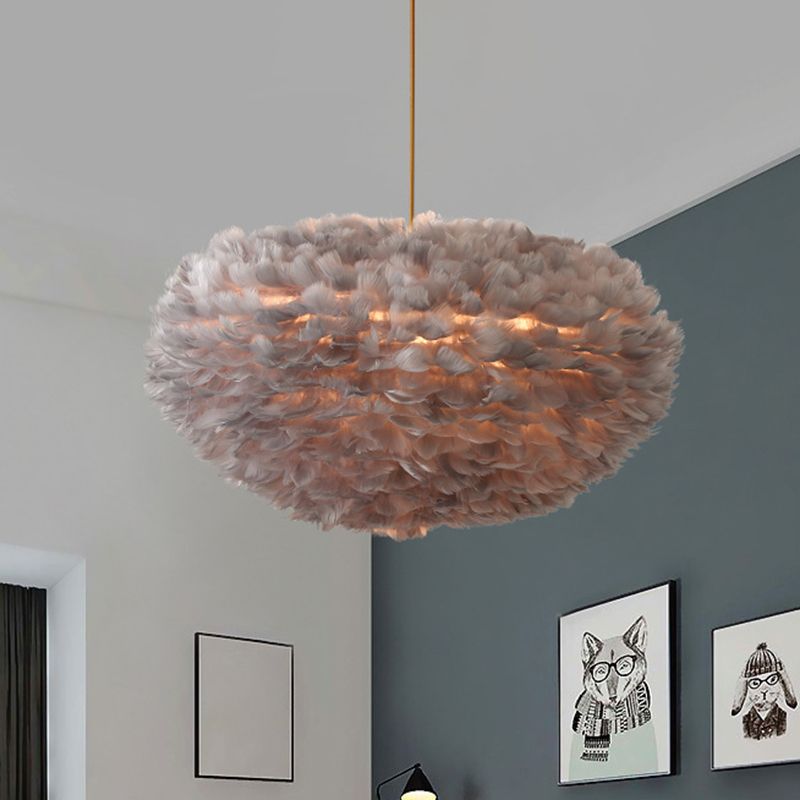 Contemporary Globe Feather Chandelier Lamp Modern White Hand-Woven Feathers Hanging Pendant Light for Bedroom