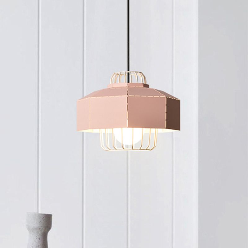 Laser Cut Ceiling Hanging Lantern Macaron Iron 1 Bulb Grey/Blue/Pink Pendant Light with Wire Cage Insert