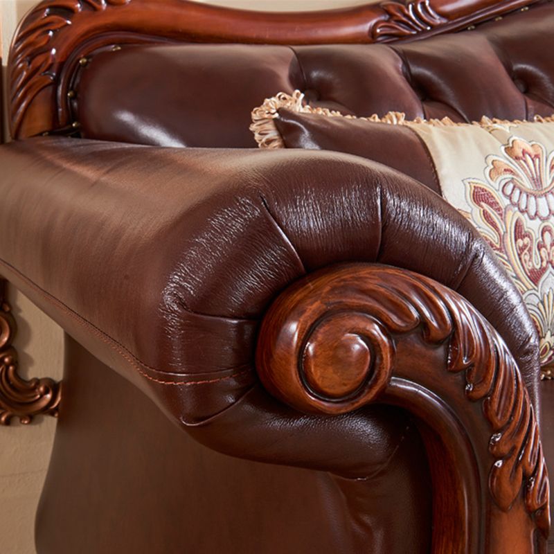 Genuine Leather  Sofa Tufted Split-Back Rolled Arm Sofa in Brown