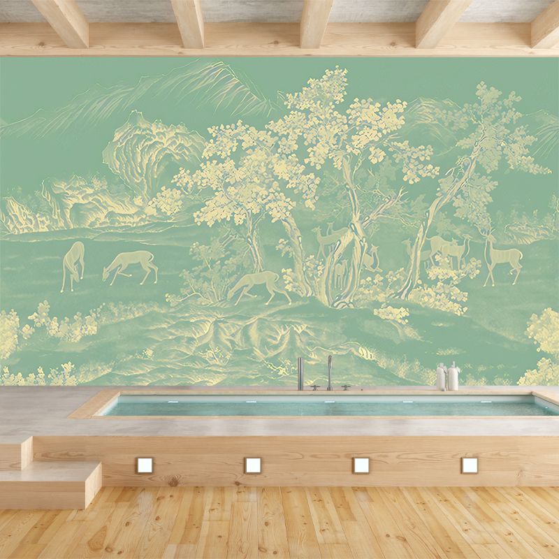 Chinese Forest Landscape Wallpaper Mural Lake Green Moisture Resistant Wall Art for Bedroom