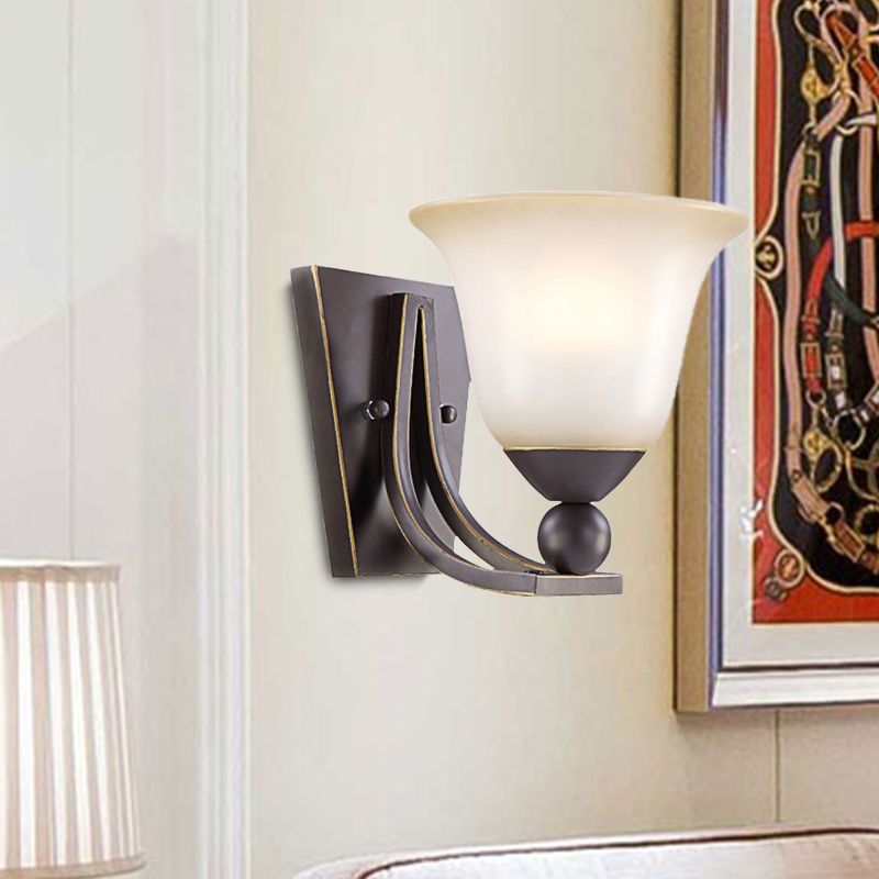 Single Bulb Wall Light Traditional Flared Frosted Glass Shade Sconce Light in Black for Bedroom