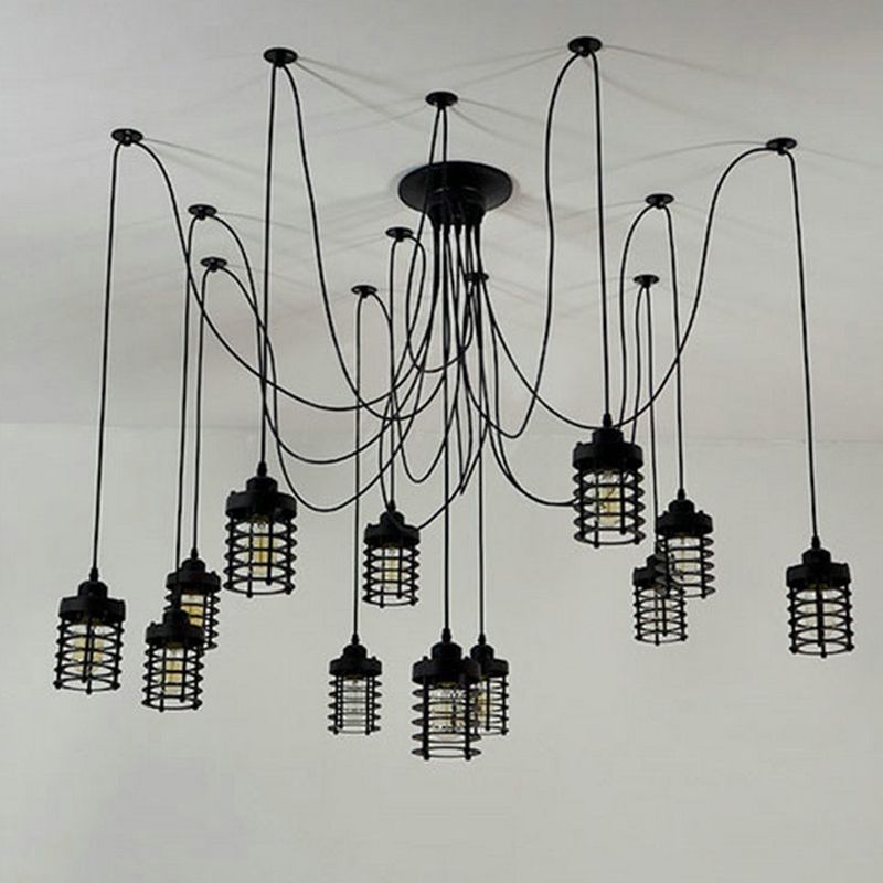 12 Köpfe Swag Anhänger Lampe Bauernhaus Schlafzimmer Multi -Licht Deckenleuchte mit Zylindereisenkäfig in Schwarz