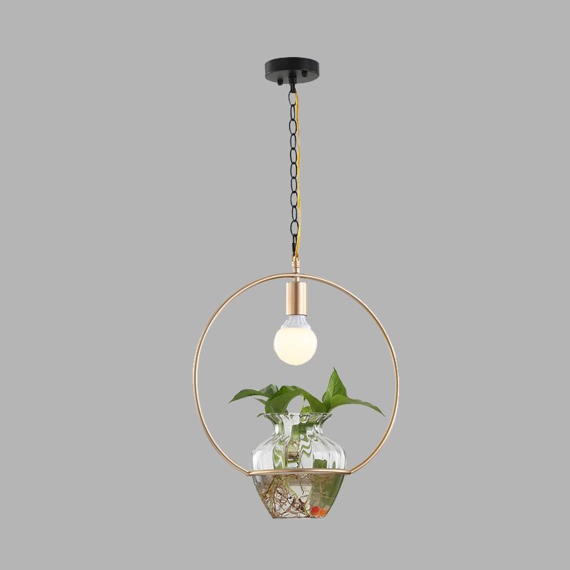 1 Head Metal Ceiling Light Antique White/Gold Round Restaurant LED Down Lighting Pendant with Plant Can Decoration