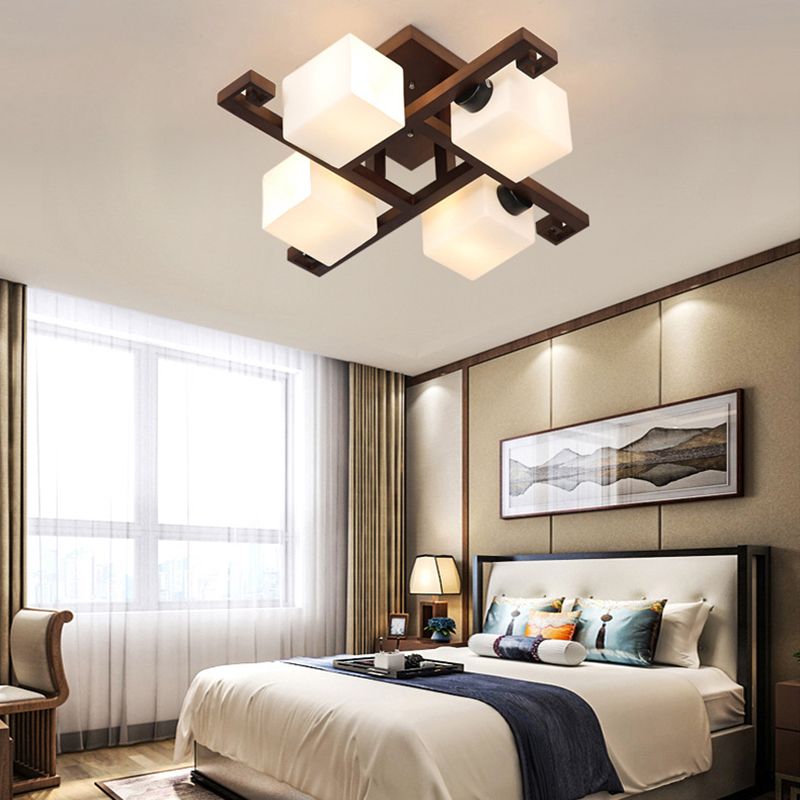 Modern Style Ball Shape Flush Mount Wood Ceiling Light in Brown for Living Room