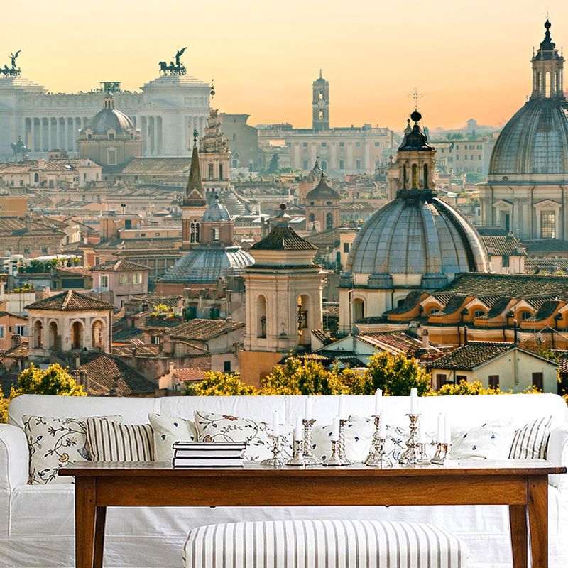 Photo Style Contemporary Mural Wallpaper for Bedroom with Urban View and Classic Building in Neutral Color