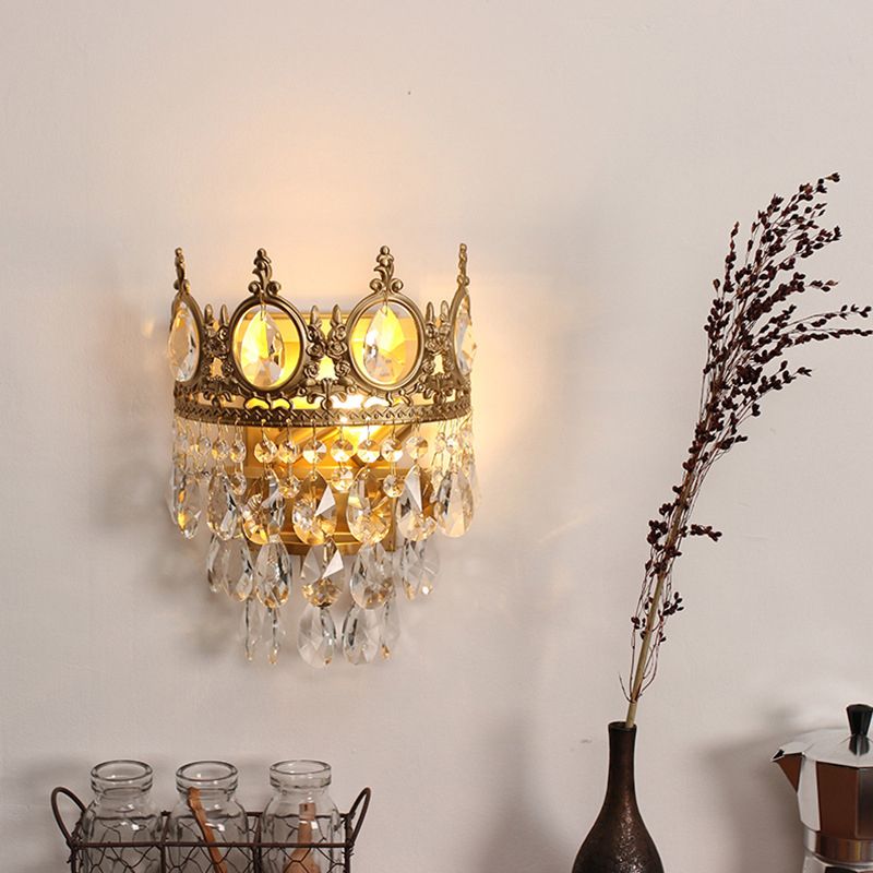 Salon de salon en forme de couronne Lumière antique en métal antique 3-Bulb Gold Gold avec des cristaux en larmes