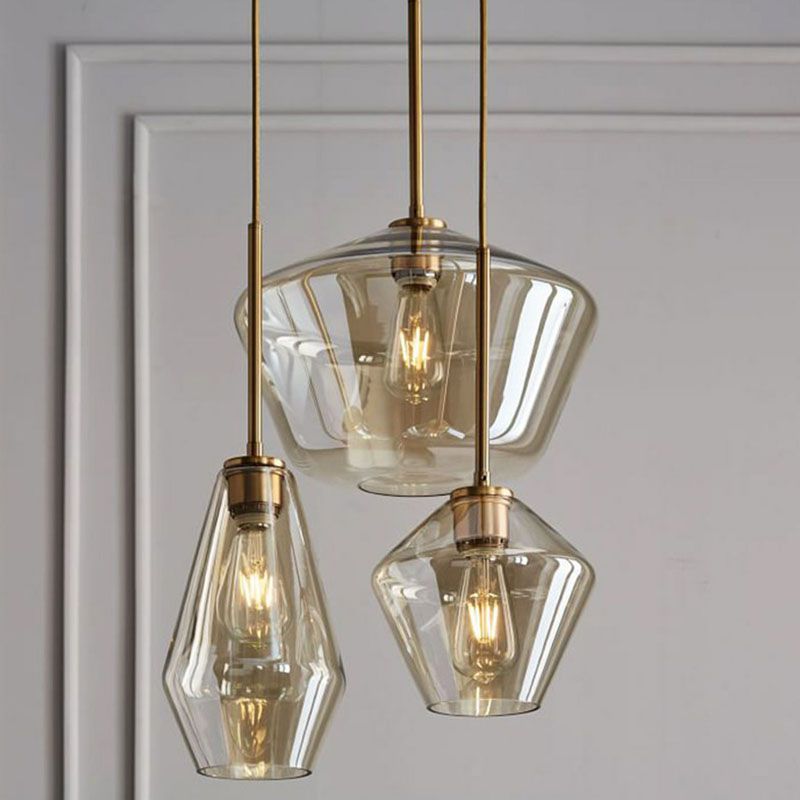 Gold Diamond Shaped Multi-Pendant Postmodern 3 Bulbs Blown Glass Hanging Ceiling Light