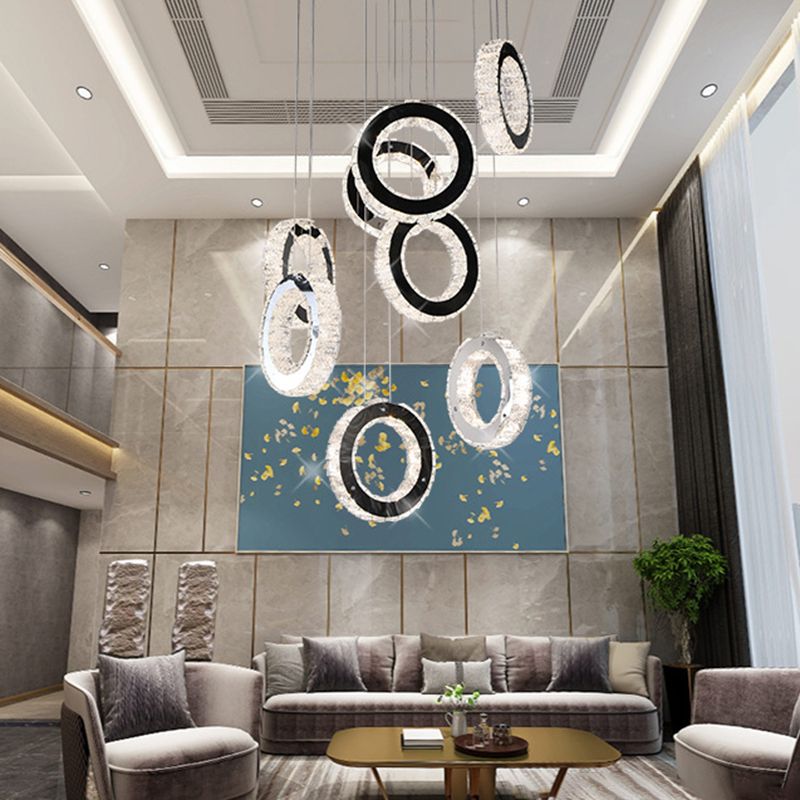 Ring Crystal Cluster Pendant Minimalist LED Black Down Lighting for Living Room