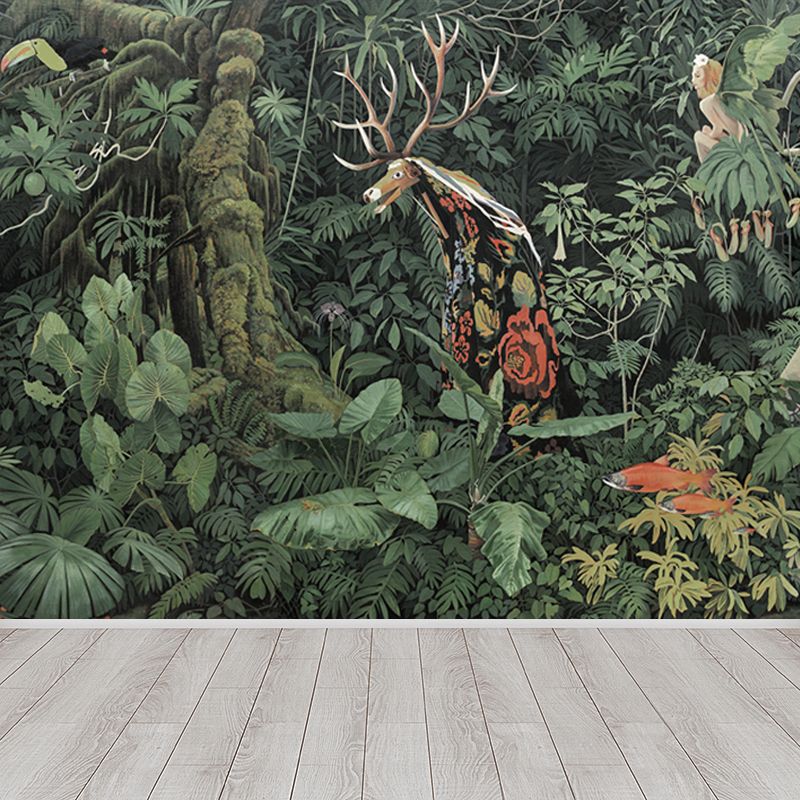 Tropical Jungle Savage Wall Mural Green Water Resistant Wall Covering for Living Room