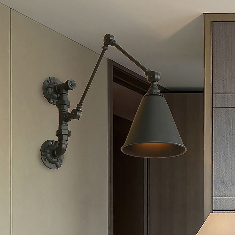 Industrielle Schwung Arm Wandleuchte 1 Lichtmetallwandlampe mit konischem Schatten in Schwarz für den Untersuchungsraum