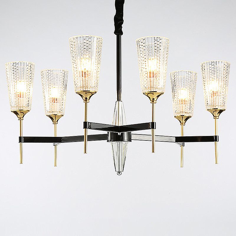 Clear 6/8 Lights Pendant Chandelier Traditional Textured Glass Cone Hanging Light for Living Room