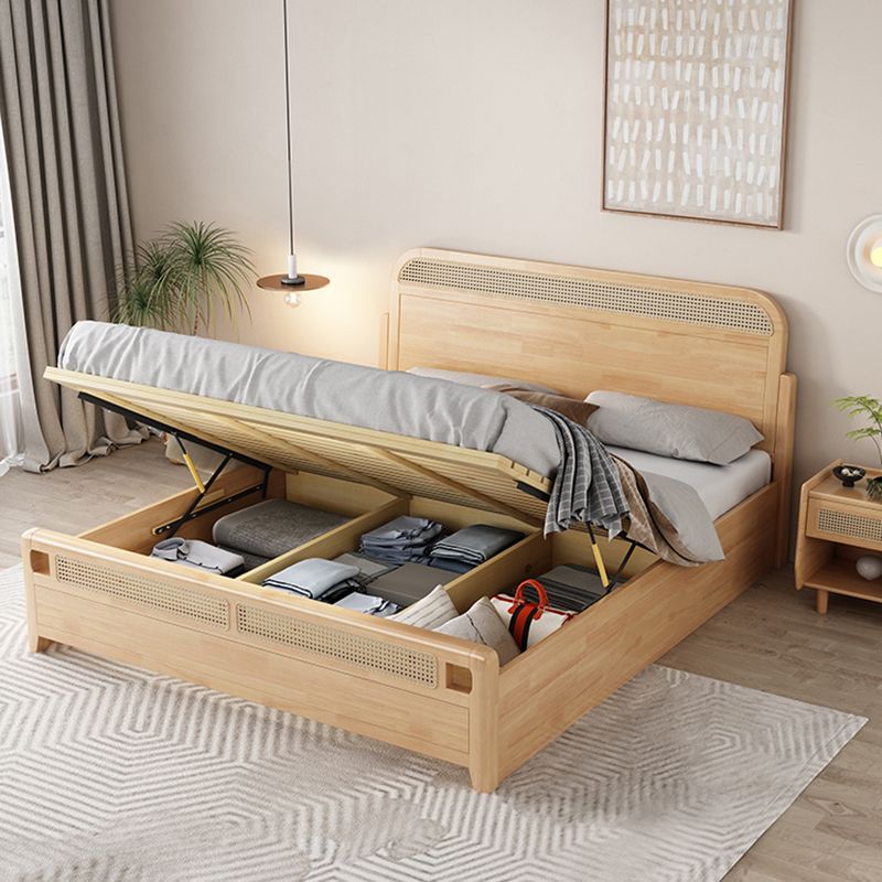 Solid Wood Panel Bed Natural Tropical Rubberwood Bed Frame Rectangular