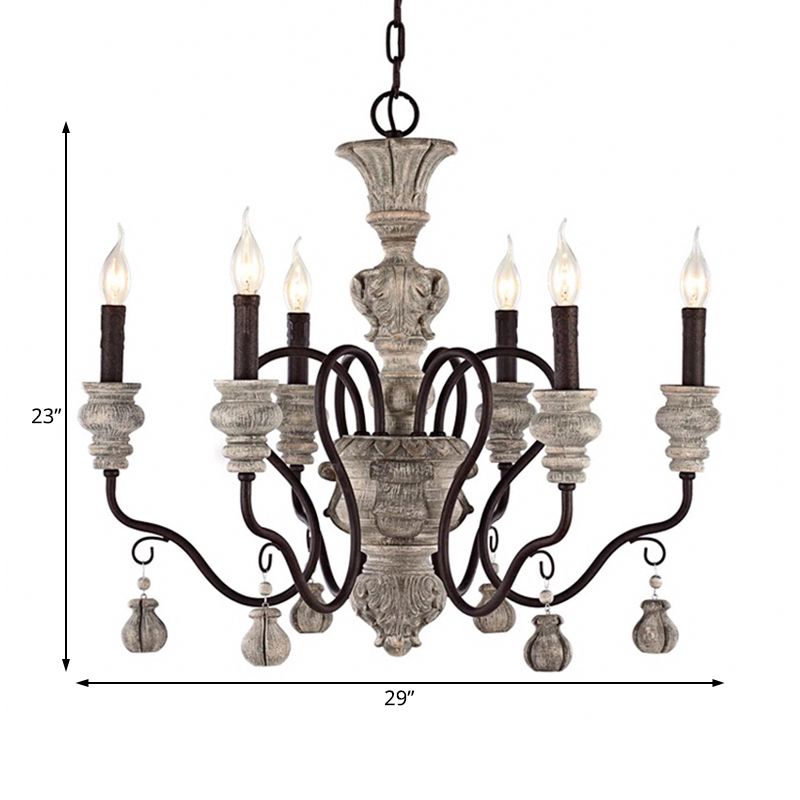 Gray Candelabra Hanging Light Traditional Wood 6 Lights Living Room Chandelier Light