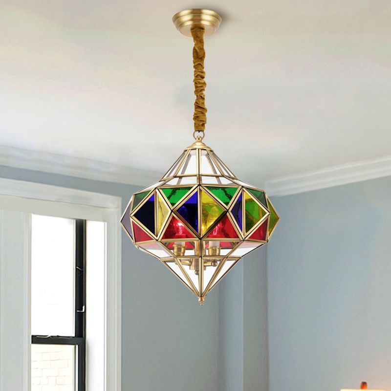 Splicing Chandelier Lamp Colonial Stained Glass 3 Heads Brass Pendant Lighting Fixture