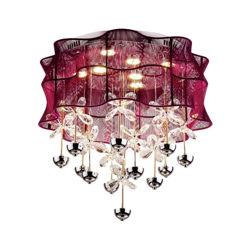 Red Drum Flushmount Lampe Romantisch Modernes Stoff-Schlafzimmer LED Deckenleuchte mit Dangling Crystals