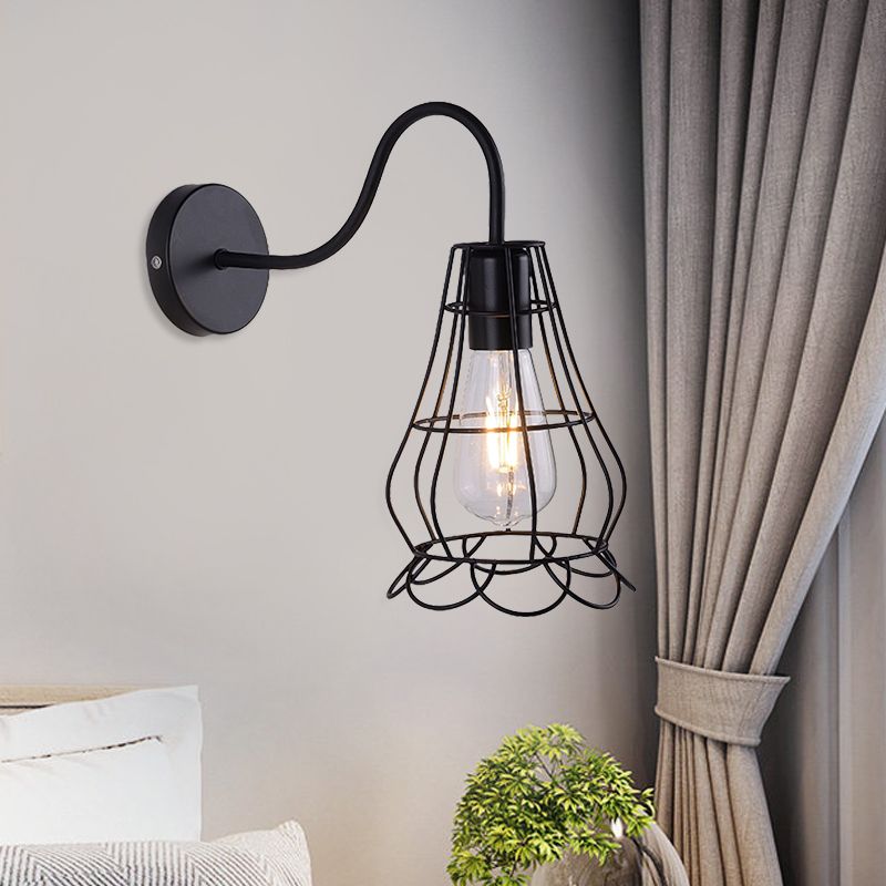 Metallic Black Finish Sconce Wall Light Wire Cage Shade 1 Light Retro Style Wall Mount Light for Bedside