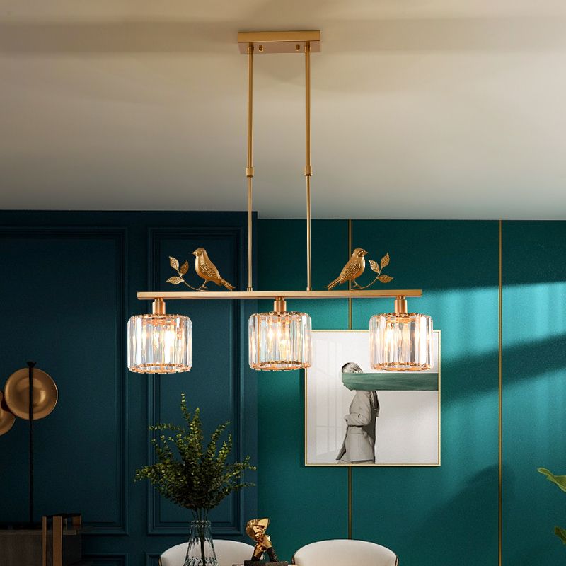 Cylindrical Crystal Island Lighting Rustic 3-Head Dining Room Hanging Light with Bird and Leaf Decor