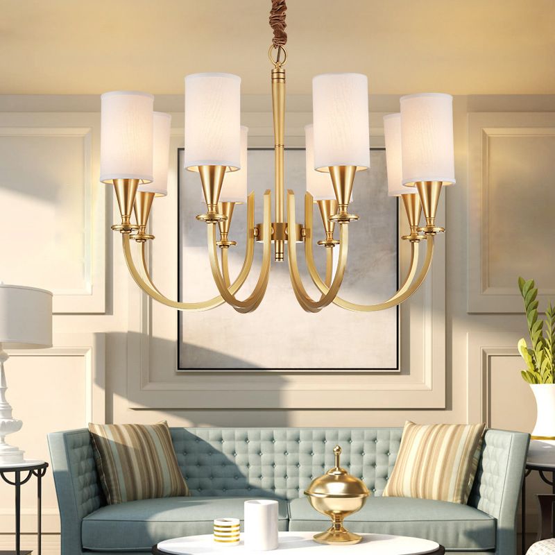 Brass American Traditional Style Chandelier Cylindrical Fabric Shade Dining Room Lighting Fixture with 19.6" Adjustable Suspension Chain
