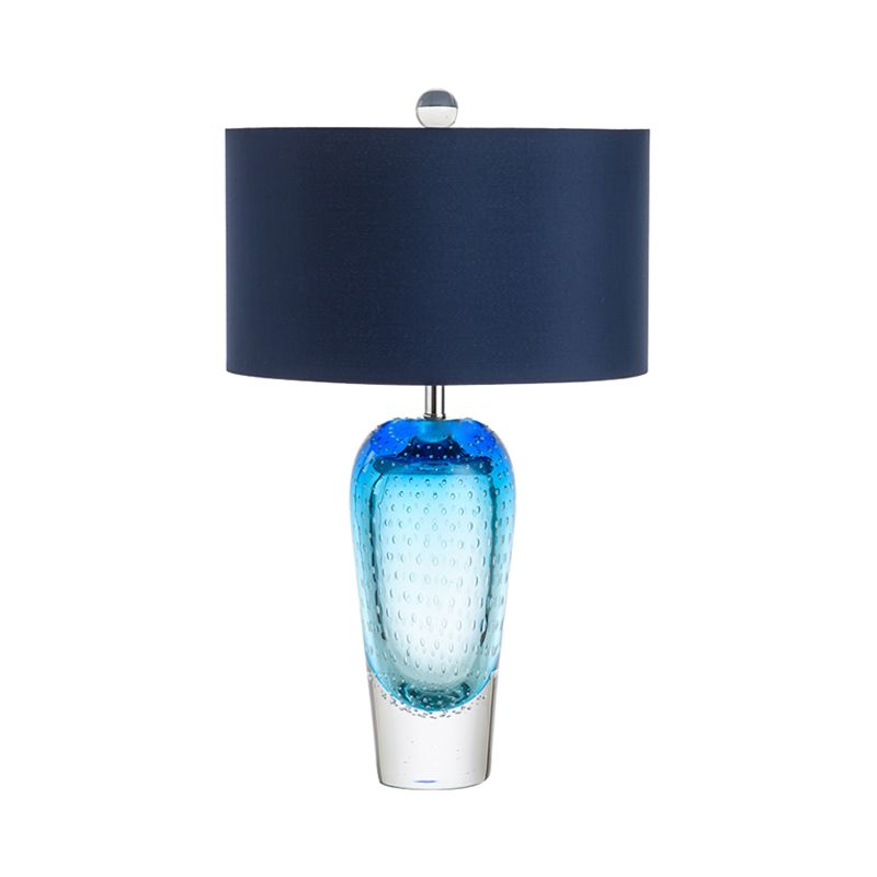 Blue Bubble Glass Urn Desk Light Contemporary 1 Light Night Table Lamp with Fabric Shade