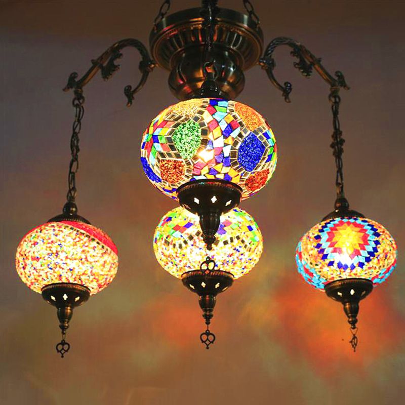 Bronze 4/6 Heads Pendant Chandelier Vintage Hand Cut Glass Oval Pendant Ceiling Light