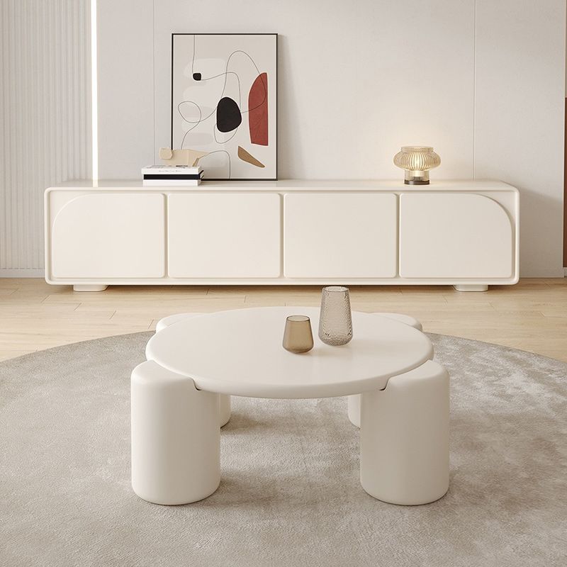 Modern Round Wood Coffee Table with 4 Legs Coffee Table in Cream