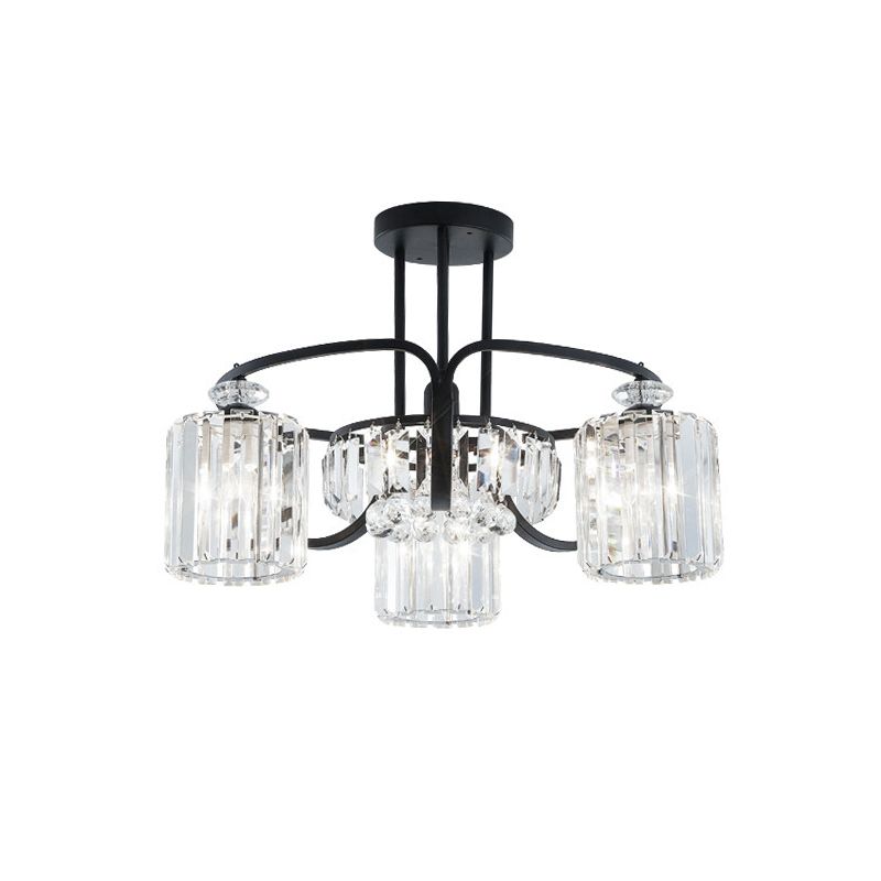 4/8 têtes salle à manger d'éclairage semi-montage luminaire de lampe de plafond noir moderne avec nuance cylindrique en cas de cristal clair
