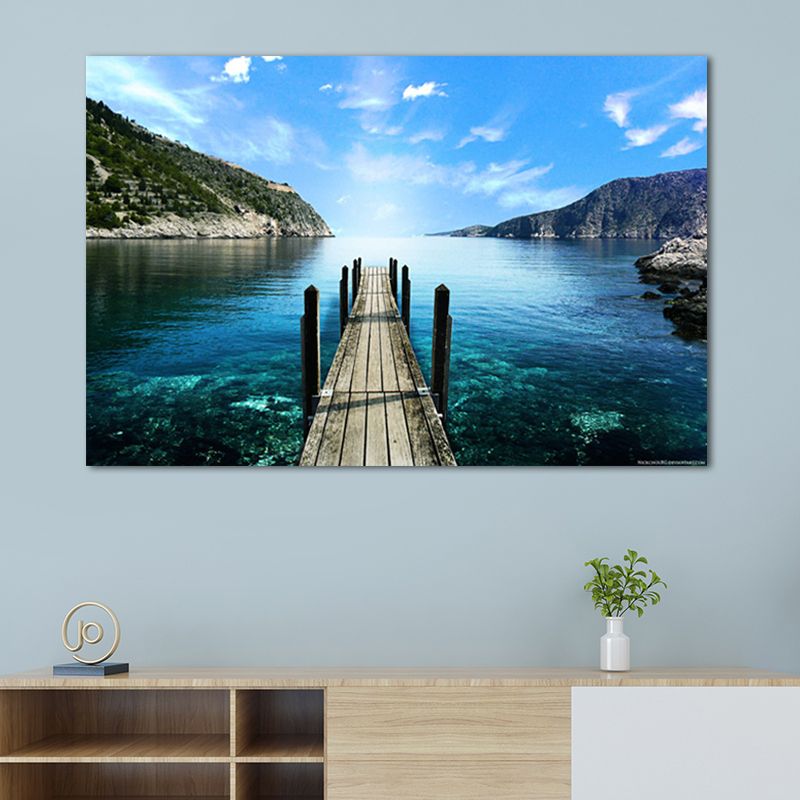 Photo Ocean Wooden Bridge Art Print Contemporary Canvas Wall Decor in Dark Color